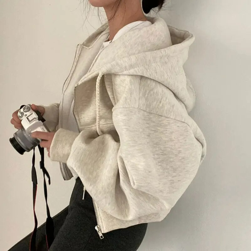 Sweat à Capuche Court Zippé Femme, Manches Larges, Style Décontracté