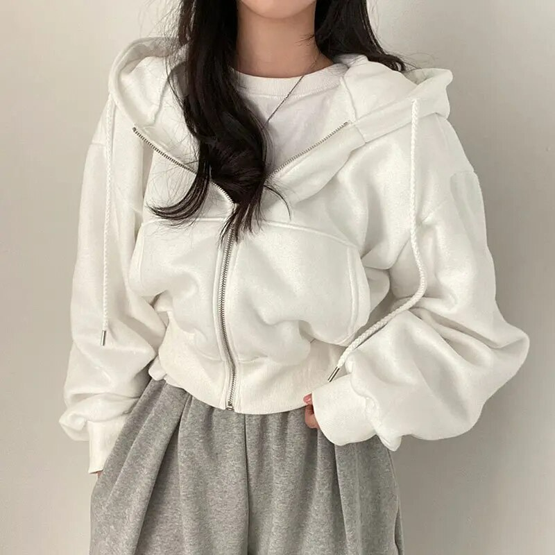 Sweat à Capuche Court Zippé Femme, Manches Larges, Style Décontracté