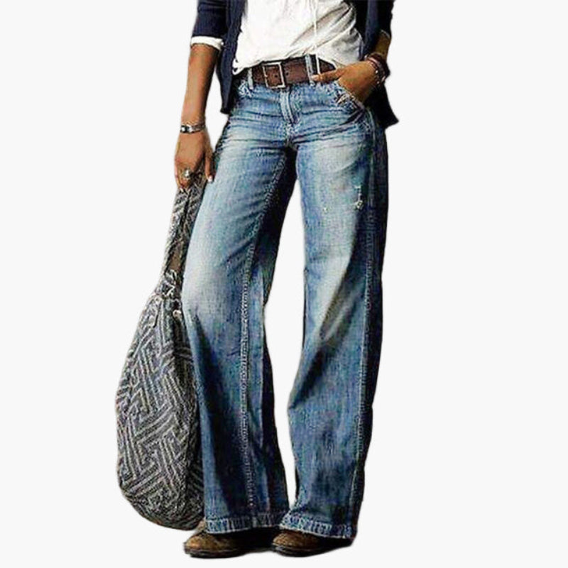 Jean Femme Taille Haute à Jambes Larges Style Vintage Décontracté