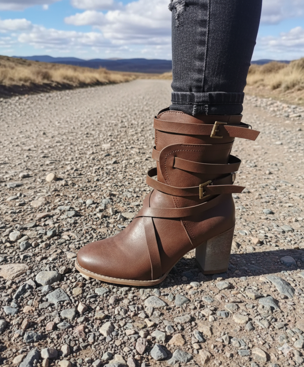Women's brown short boots with straps and block heels