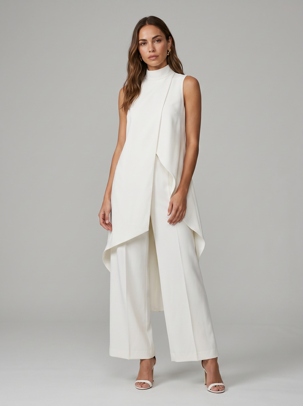 Damen-Ensemble aus Hose und asymmetrischem ärmellosem Oberteil mit Stehkragen