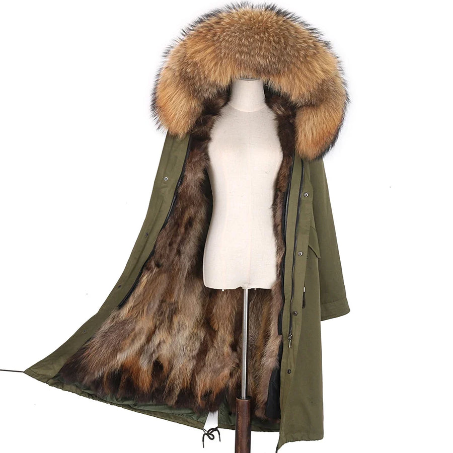 Parka lungo da donna con fodera calda, cappuccio con bordo in pelliccia