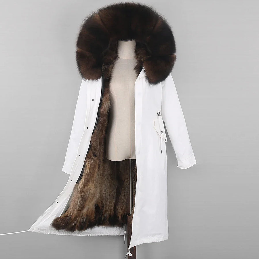 Parka lungo da donna con fodera calda, cappuccio con bordo in pelliccia