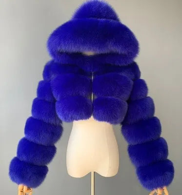 Veste courte à capuche en fausse fourrure douce pour femme