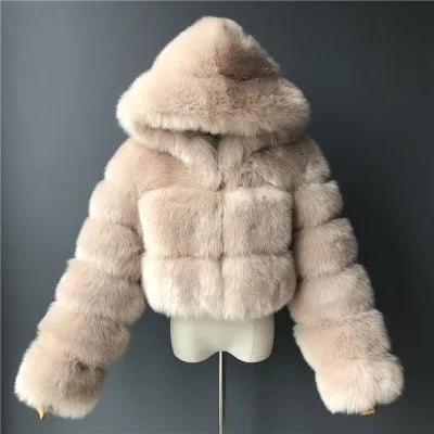 Veste courte à capuche en fausse fourrure douce pour femme