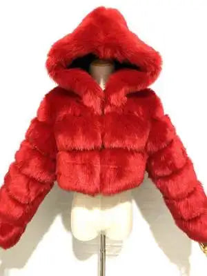 Veste courte à capuche en fausse fourrure douce pour femme
