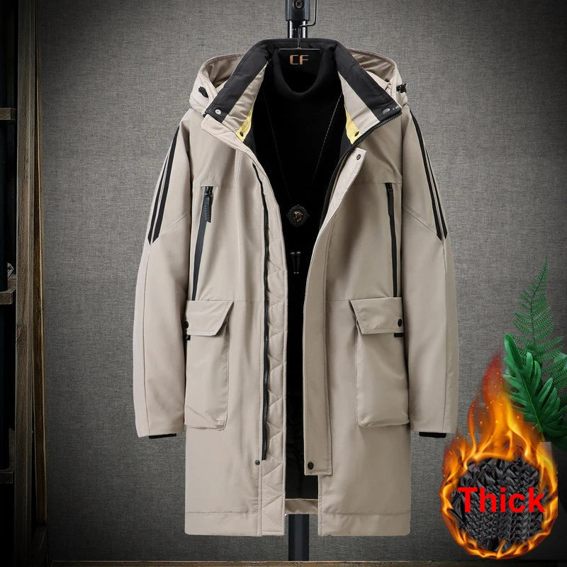 Cappotto lungo da uomo beige con cappuccio, cerniera e tasche