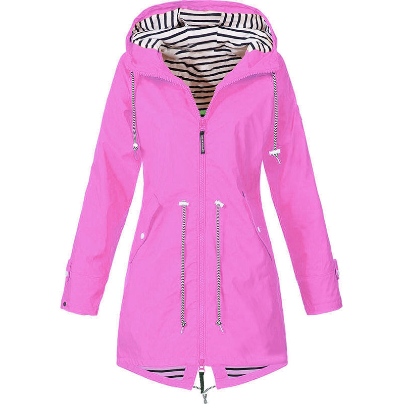 Parka impermeable de mujer con capucha a rayas y cordón de ajuste