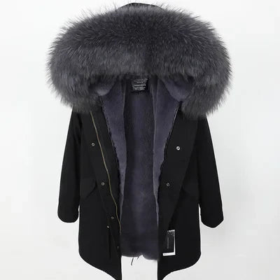 Parka da donna con cappuccio e fodera rimovibile in ecopelliccia spessa color kaki