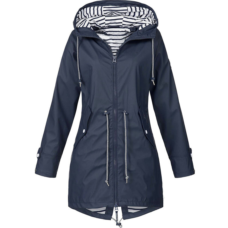 Parka impermeable de mujer con capucha a rayas y cordón de ajuste