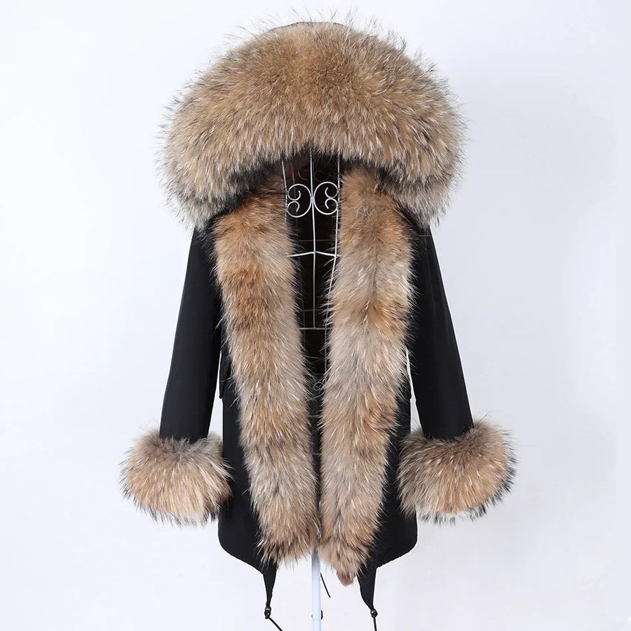 Dameparka med hette kantet med syntetisk pels og avtakbart fôr, lange ermer