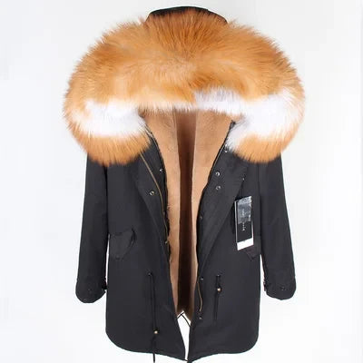 Parka da donna con cappuccio e fodera rimovibile in ecopelliccia spessa color kaki