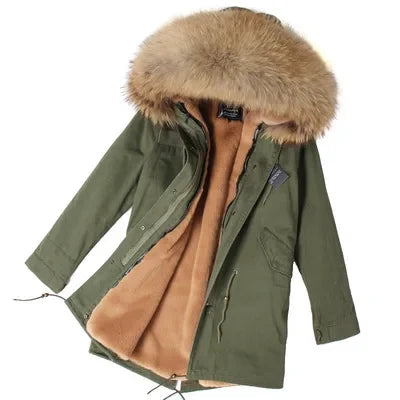 Parka da donna con cappuccio e fodera rimovibile in ecopelliccia spessa color kaki