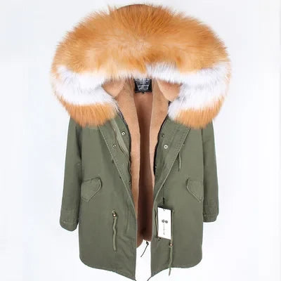 Parka da donna con cappuccio e fodera rimovibile in ecopelliccia spessa color kaki