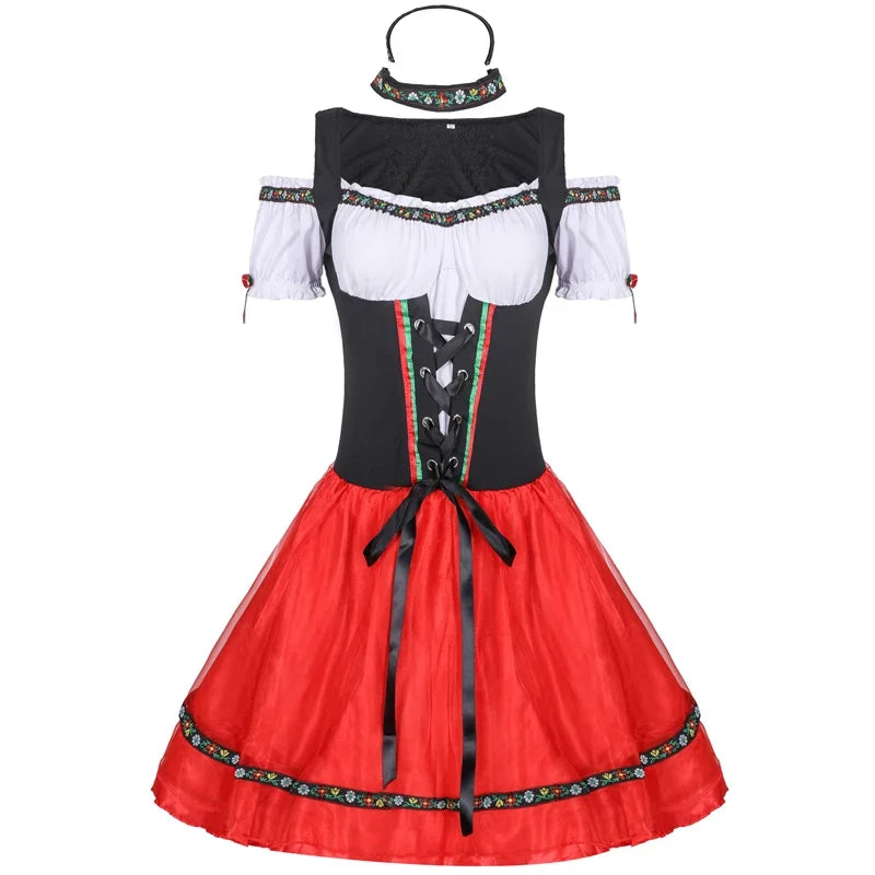 Robe Dirndl de Fête pour Femme – Corset Noir Lacé, Jupe Rouge et Blouse Blanche