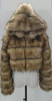 Veste courte à capuche en fausse fourrure douce pour femme