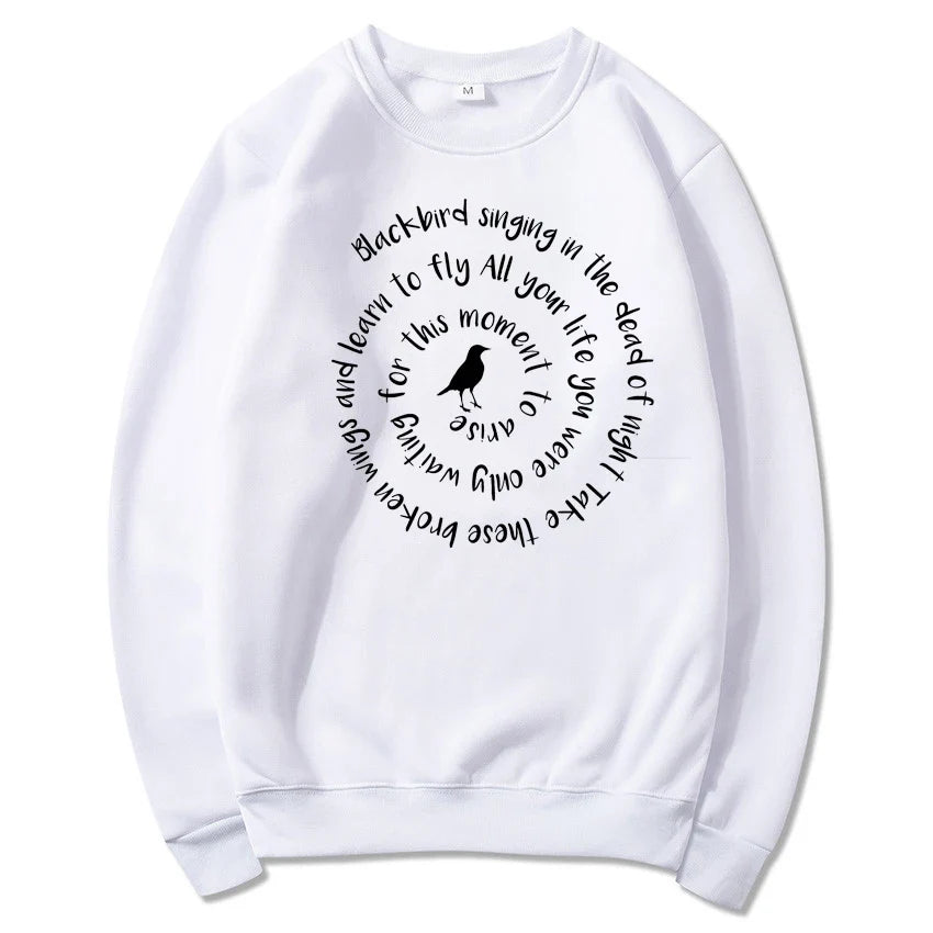 Jersey informal para mujer con cuello redondo, estampado de pájaro y frase