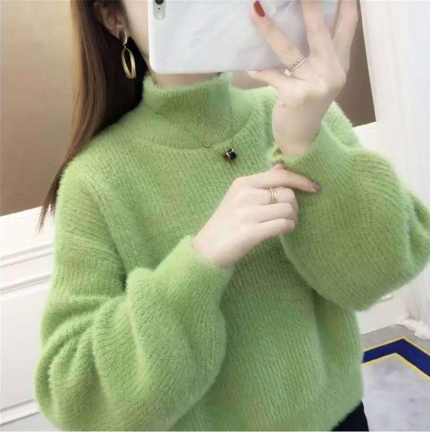 Pull col montant femme manches bouffantes en maille douce couleur unie