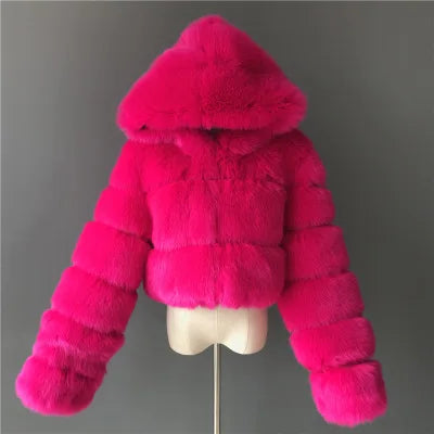 Veste courte à capuche en fausse fourrure douce pour femme