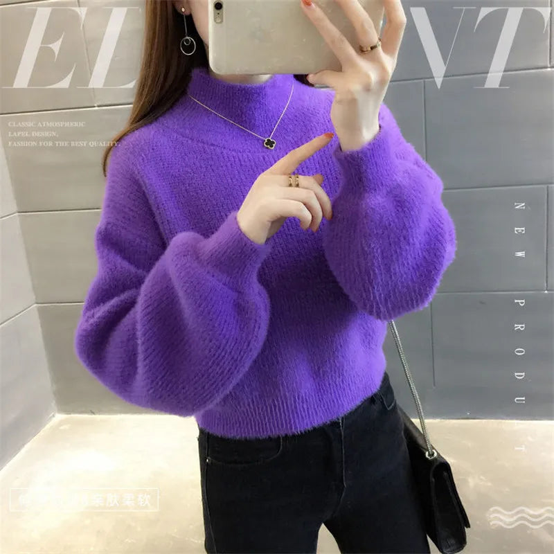 Pull col montant femme manches bouffantes en maille douce couleur unie