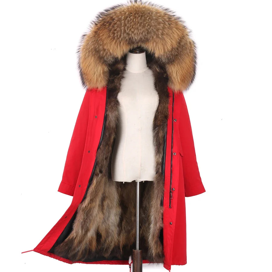 Parka lungo da donna con fodera calda, cappuccio con bordo in pelliccia
