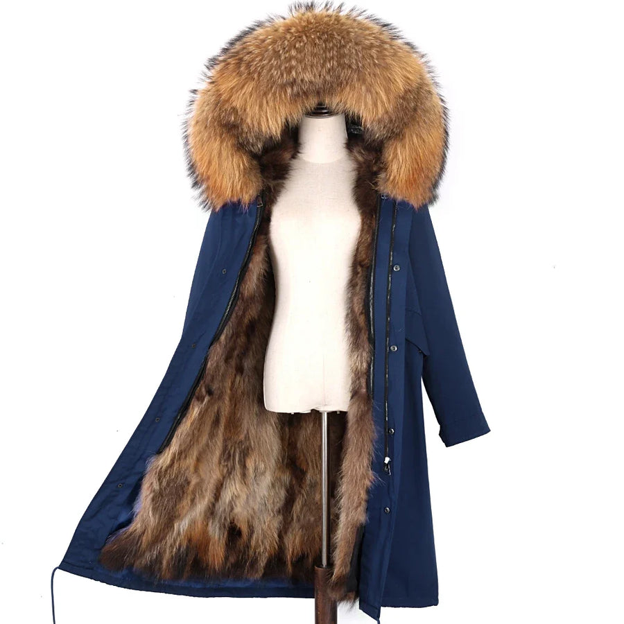 Parka lungo da donna con fodera calda, cappuccio con bordo in pelliccia