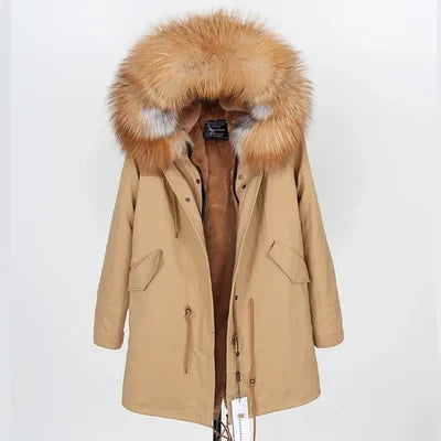 Parka da donna con cappuccio e fodera rimovibile in ecopelliccia spessa color kaki