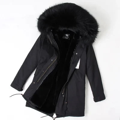 Parka da donna con cappuccio e fodera rimovibile in ecopelliccia spessa color kaki