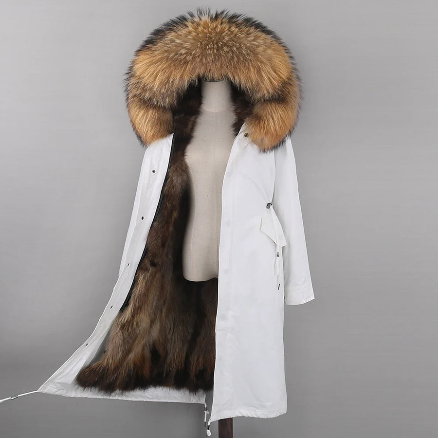 Parka lungo da donna con fodera calda, cappuccio con bordo in pelliccia