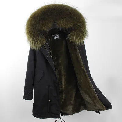 Parka da donna con cappuccio e fodera rimovibile in ecopelliccia spessa color kaki