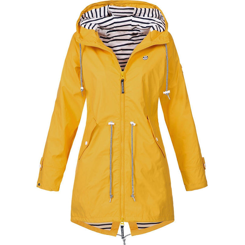 Parka impermeable de mujer con capucha a rayas y cordón de ajuste