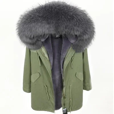 Parka da donna con cappuccio e fodera rimovibile in ecopelliccia spessa color kaki