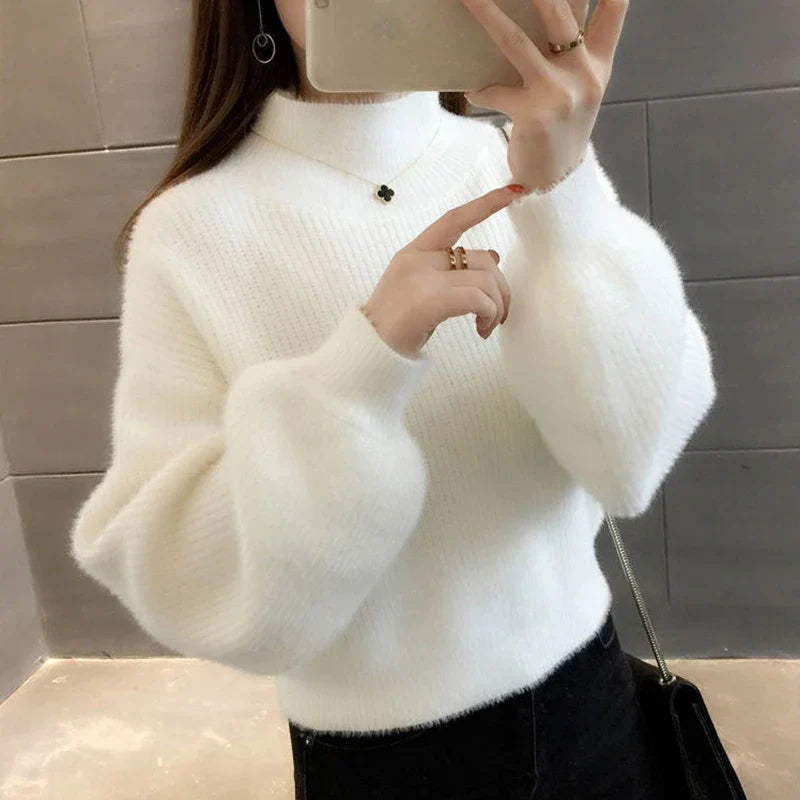 Pull col montant femme manches bouffantes en maille douce couleur unie