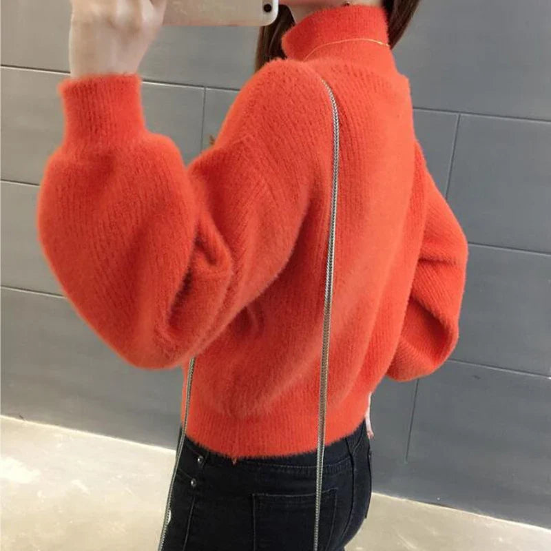 Pull col montant femme manches bouffantes en maille douce couleur unie