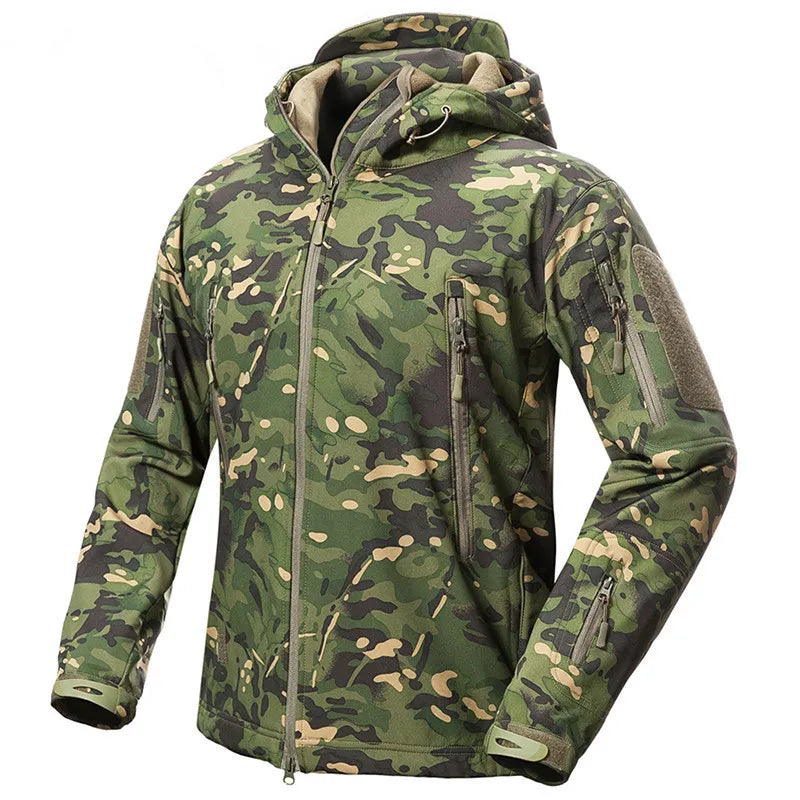 Men's Camouflage or Solid-Color Zipped Hooded Jacket with Multiple Pockets