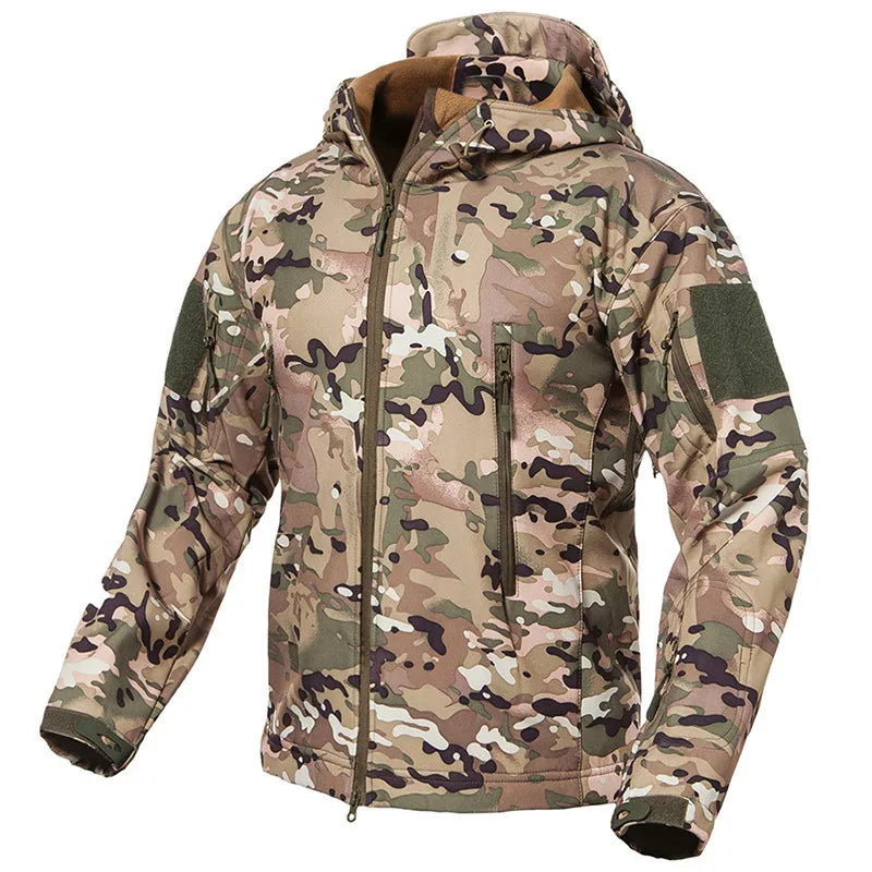 Men's Camouflage or Solid-Color Zipped Hooded Jacket with Multiple Pockets