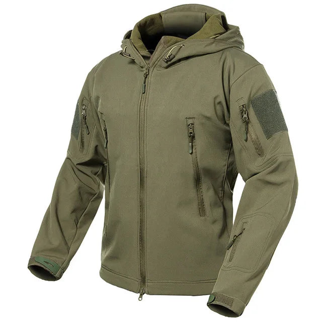 Men's Camouflage or Solid-Color Zipped Hooded Jacket with Multiple Pockets