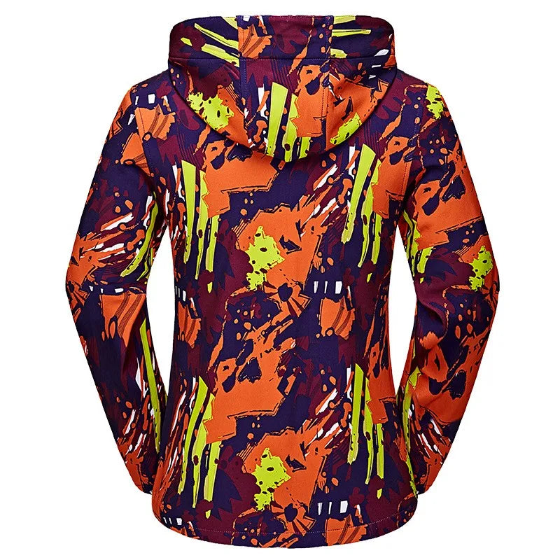 Wasserdichte Damen-Kapuzenjacke mit abstrakten türkisfarbenen, blauen und rosafarbenen Mustern