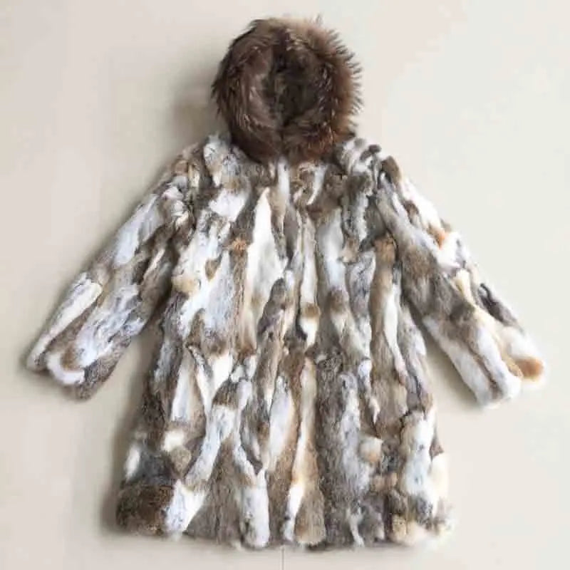 Cappotto da donna lungo, morbido effetto pelliccia con cappuccio - grigio screziato