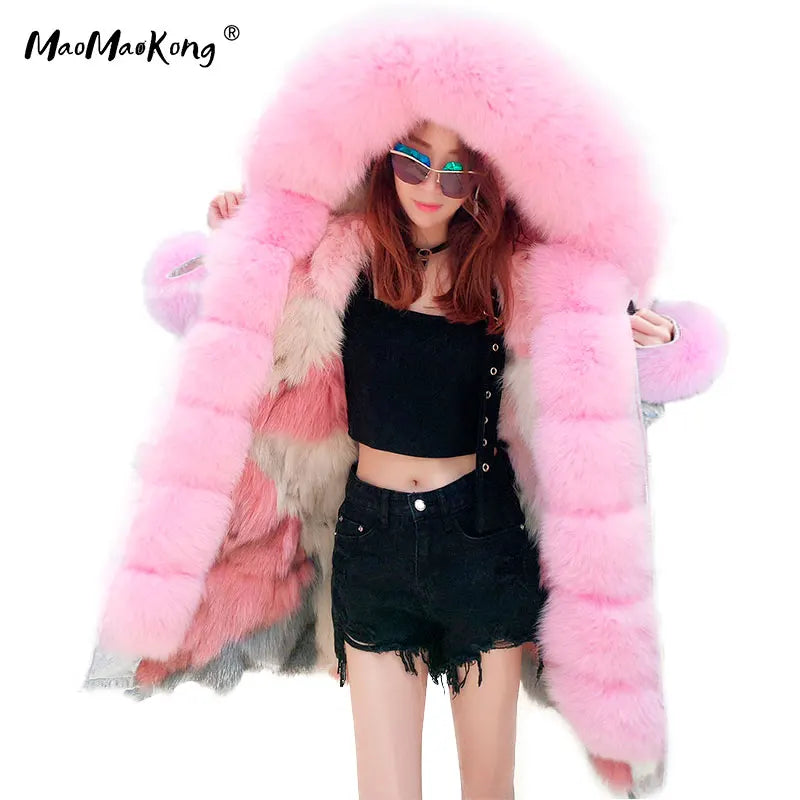Parka invernale da donna con cappuccio, pelliccia rosa e fodera calda