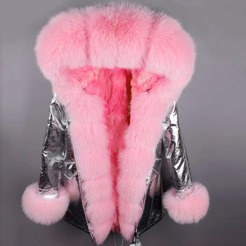 Parka invernale da donna con cappuccio, pelliccia rosa e fodera calda