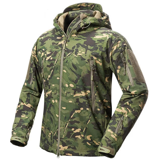 Men's Camouflage or Solid-Color Zipped Hooded Jacket with Multiple Pockets
