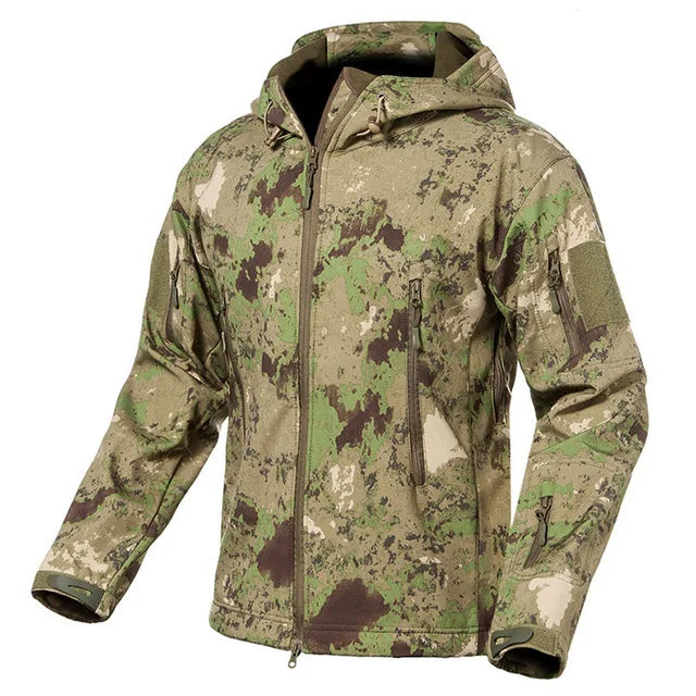 Men's Camouflage or Solid-Color Zipped Hooded Jacket with Multiple Pockets