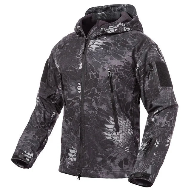 Men's Camouflage or Solid-Color Zipped Hooded Jacket with Multiple Pockets