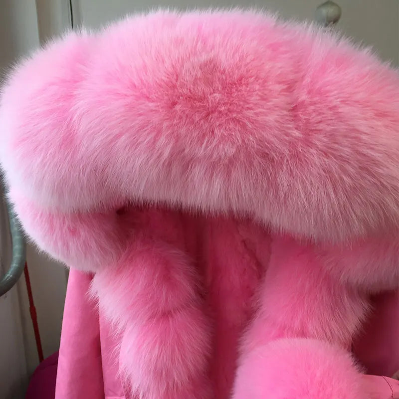 Parka invernale da donna con cappuccio, pelliccia rosa e fodera calda