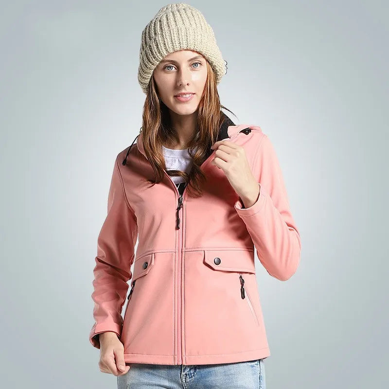 Wasserdichte Damen-Kapuzenjacke mit abstrakten türkisfarbenen, blauen und rosafarbenen Mustern