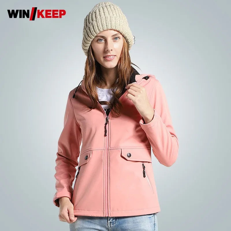 Wasserdichte Damen-Kapuzenjacke mit abstrakten türkisfarbenen, blauen und rosafarbenen Mustern