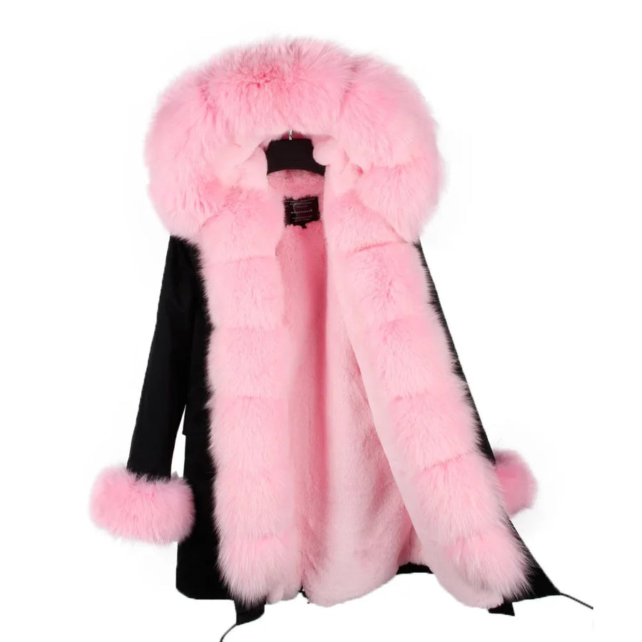 Parka invernale da donna con cappuccio, pelliccia rosa e fodera calda