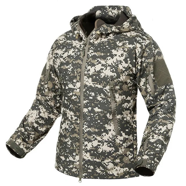 Men's Camouflage or Solid-Color Zipped Hooded Jacket with Multiple Pockets
