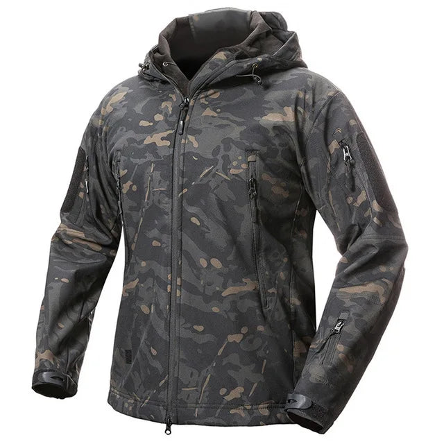 Men's Camouflage or Solid-Color Zipped Hooded Jacket with Multiple Pockets